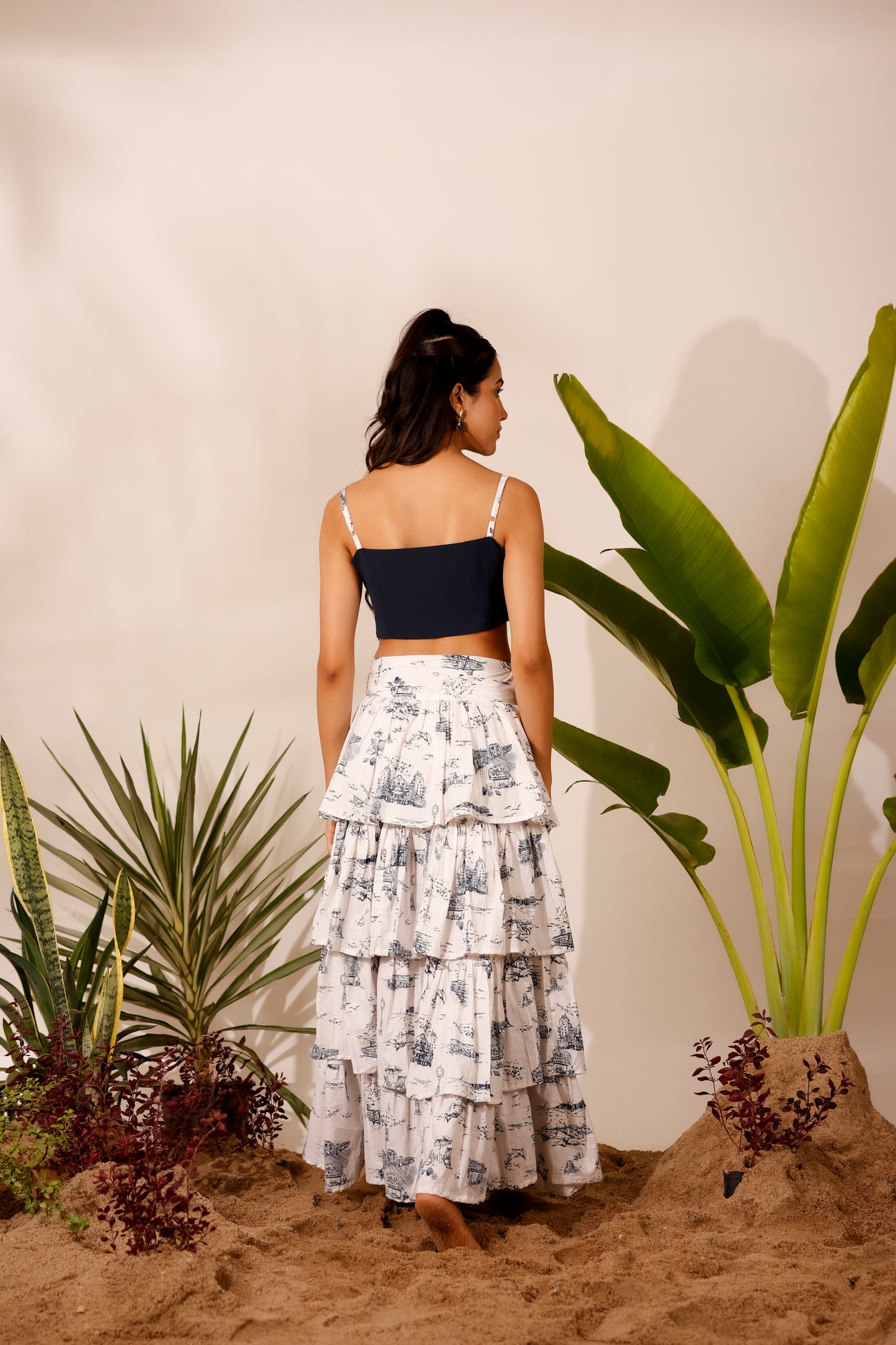 Blue & white printed ruffle skirt with strap crop top