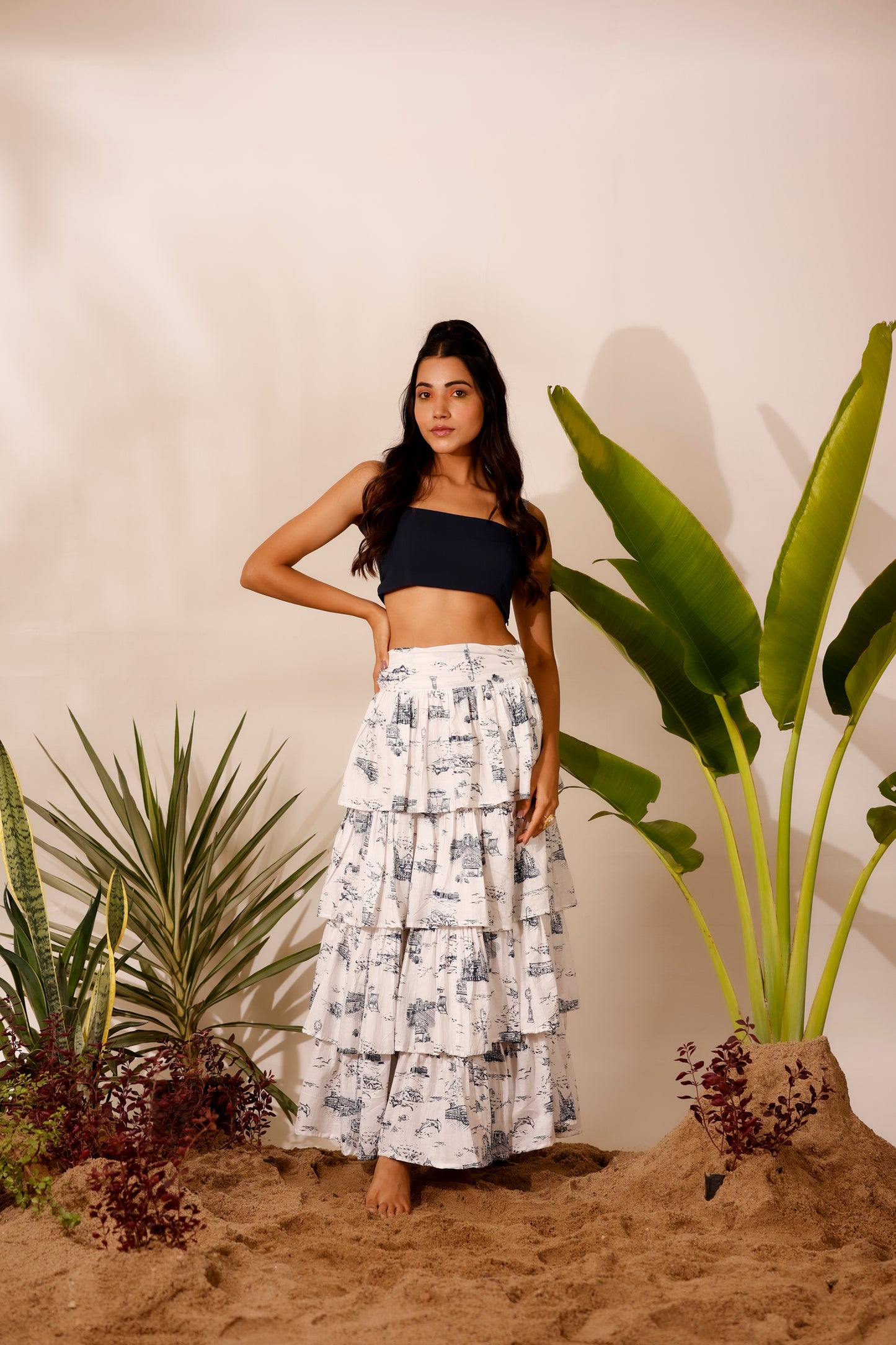 Blue & white printed ruffle skirt with strap crop top