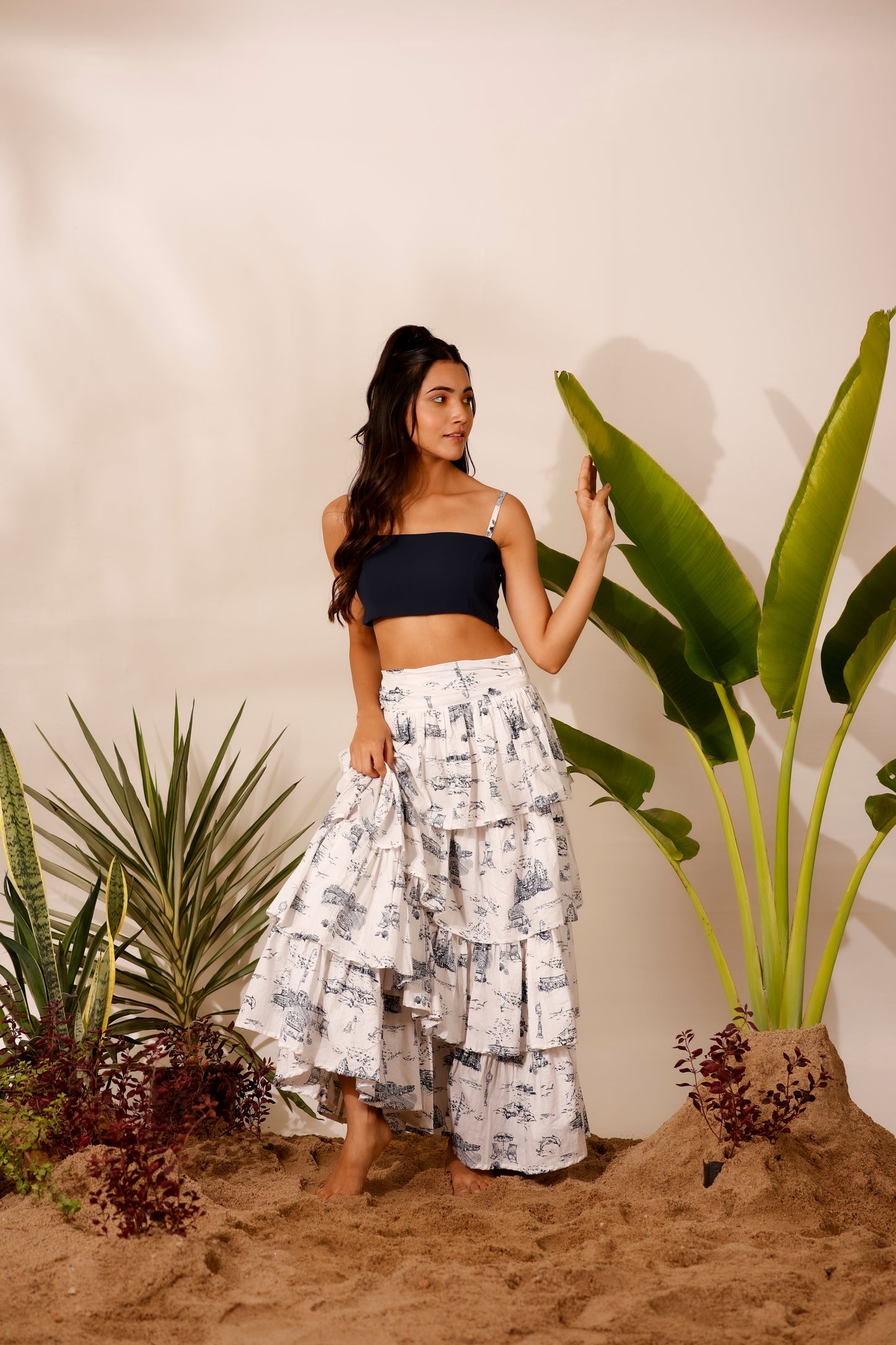 Blue & white printed ruffle skirt with strap crop top