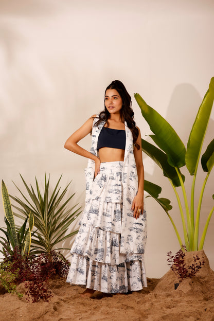 Minimal printed ruffle skirt with strap crop top & long jacket