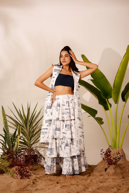 Minimal printed ruffle skirt with strap crop top & long jacket