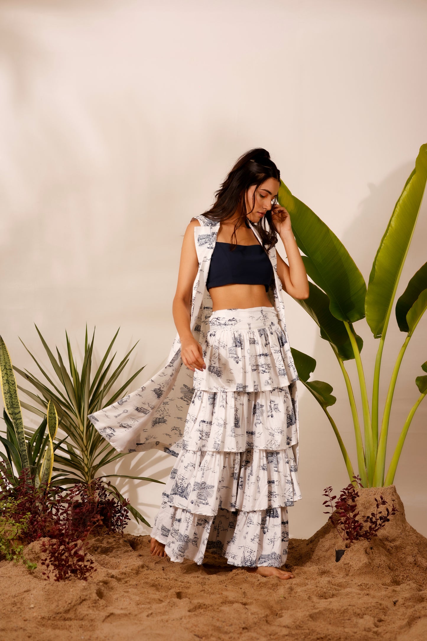 Minimal printed ruffle skirt with strap crop top & long jacket