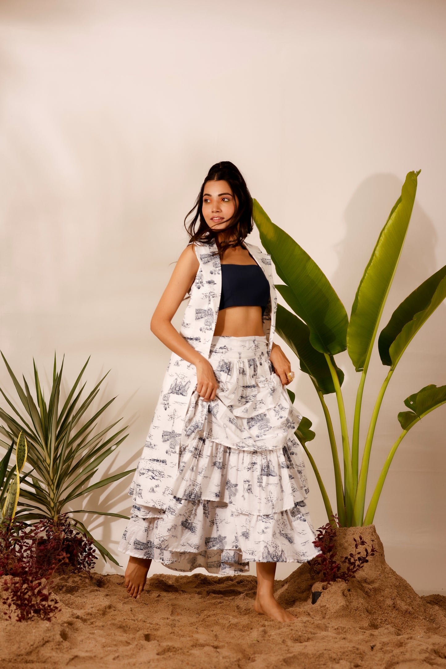 Minimal printed ruffle skirt with strap crop top & long jacket