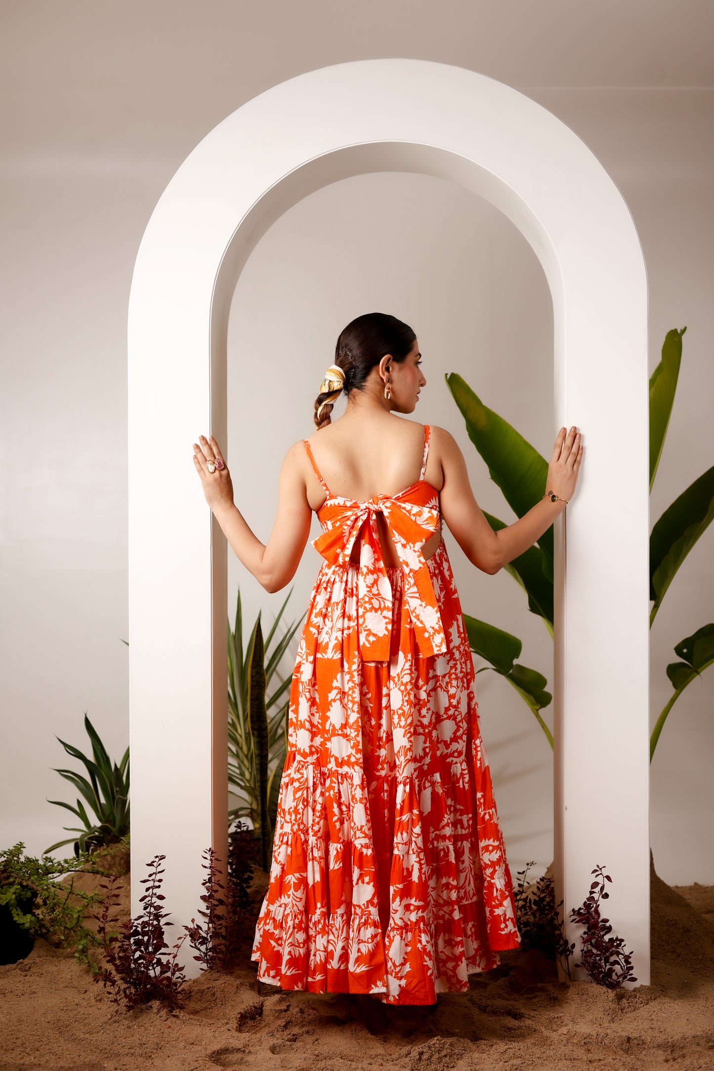 Orange & White Floral Print Back Tie Knot Maxi Dress