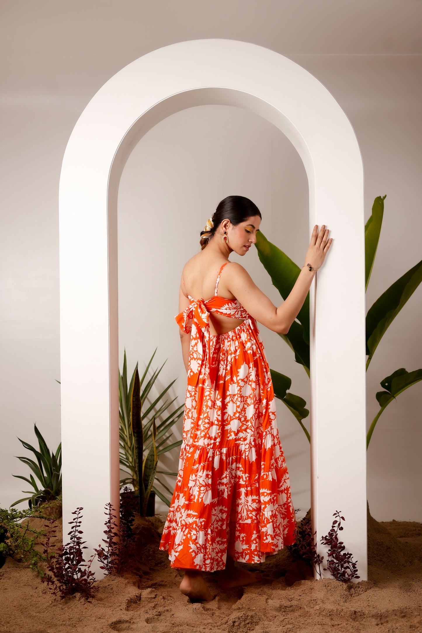 Orange & White Floral Print Back Tie Knot Maxi Dress