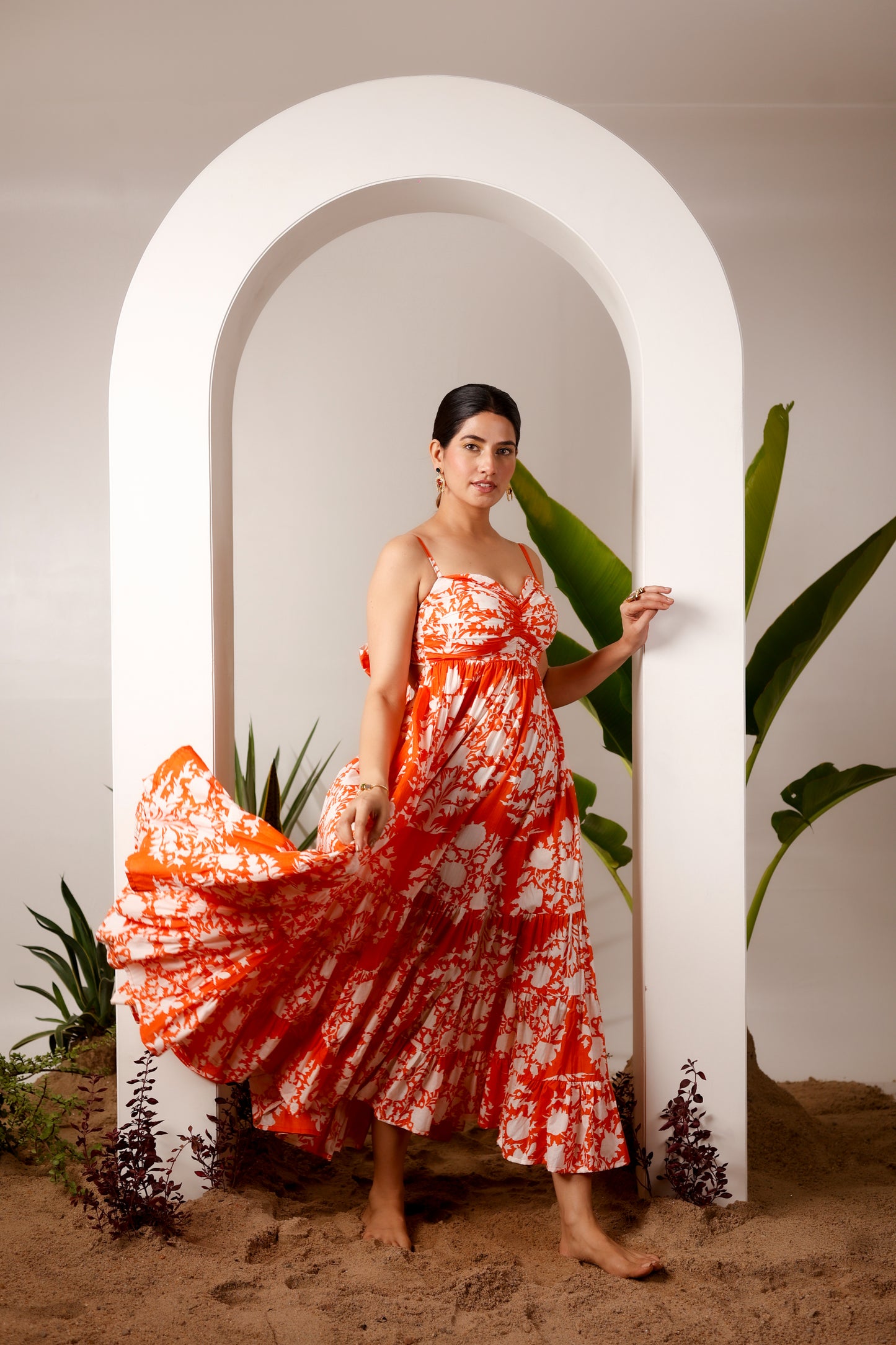 Orange & White Floral Print Back Tie Knot Maxi Dress