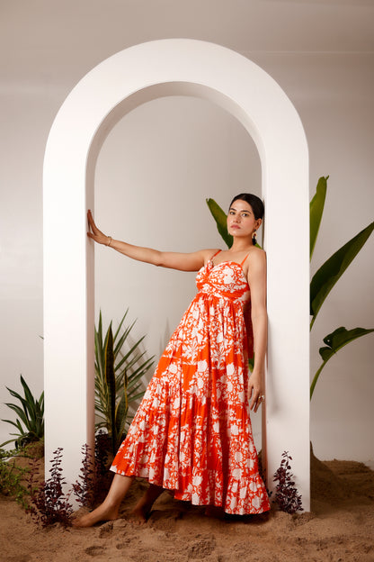 Orange & White Floral Print Back Tie Knot Maxi Dress