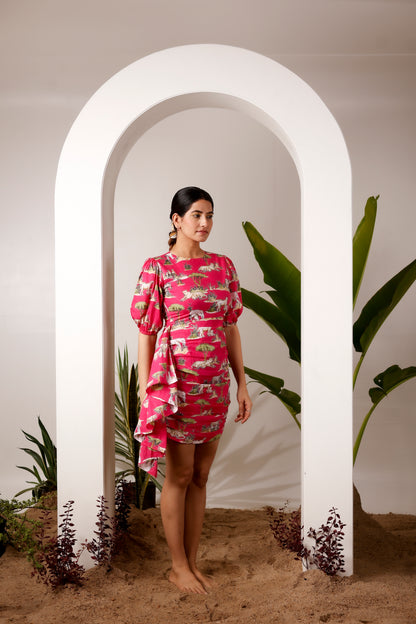 One side drape hot pink printed dress