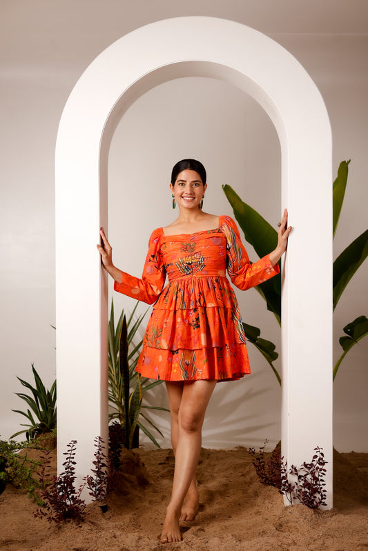 Orange printed double layered full sleeves dress