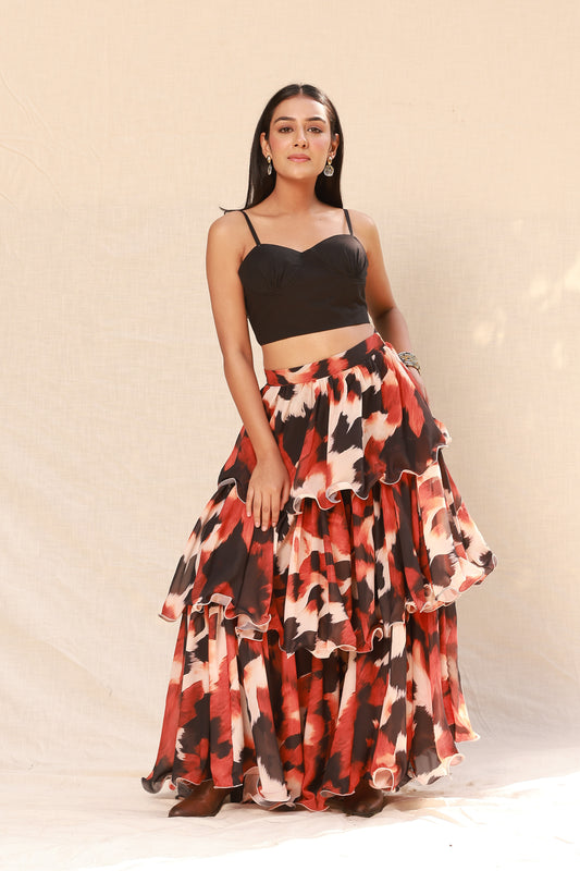 Abstract Print Layred Skirt with Black Bustier Co-ord Set