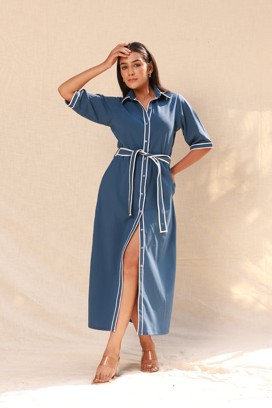 Blue Shirt Style Midi Dress With Contrast Piping