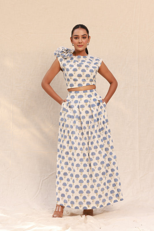 Blue Lotus Print 3D flower Crop Top with Long Skirt Set