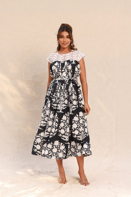 Navy & White Printed Flarred Dress with Lace yoke Midi