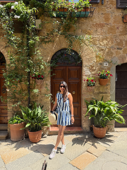 Blue Stripped Hem Ruffle Short Dress