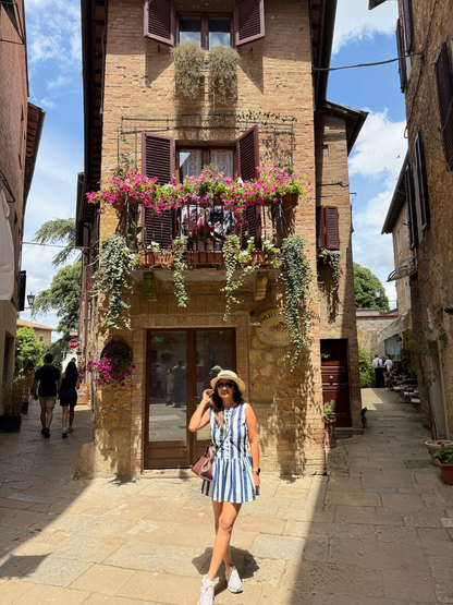 Blue Stripped Hem Ruffle Short Dress