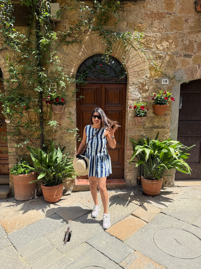 Blue Stripped Hem Ruffle Short Dress