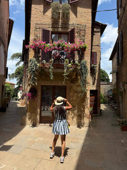 Blue Stripped Hem Ruffle Short Dress