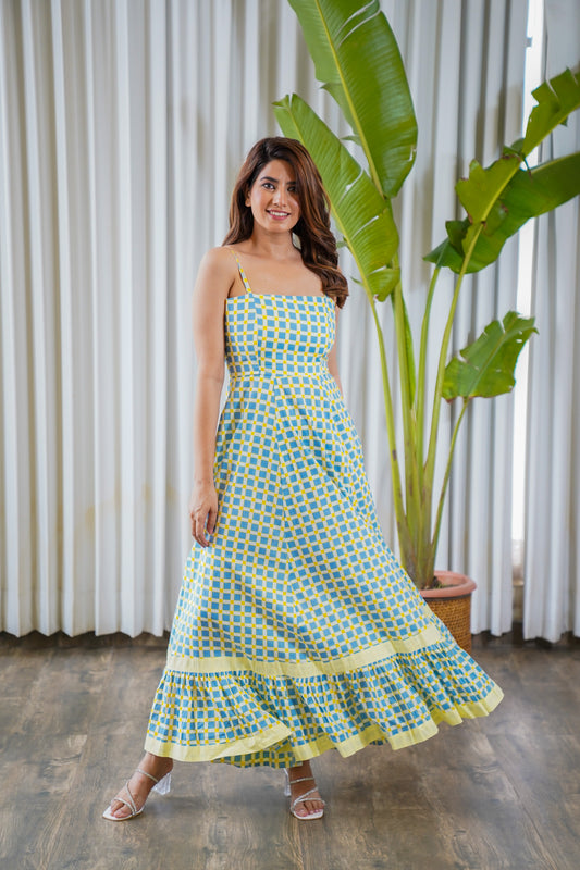 Blue & yellow checkerred strappy maxi dress