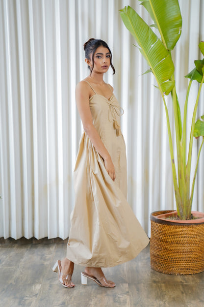 Beige side princess pleats strappy maxi dress