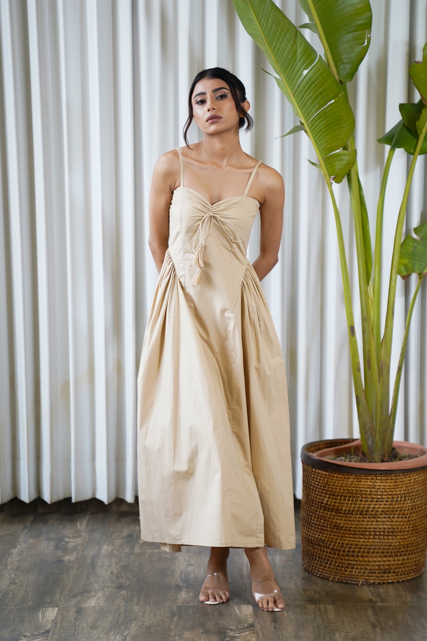 Beige side princess pleats strappy maxi dress