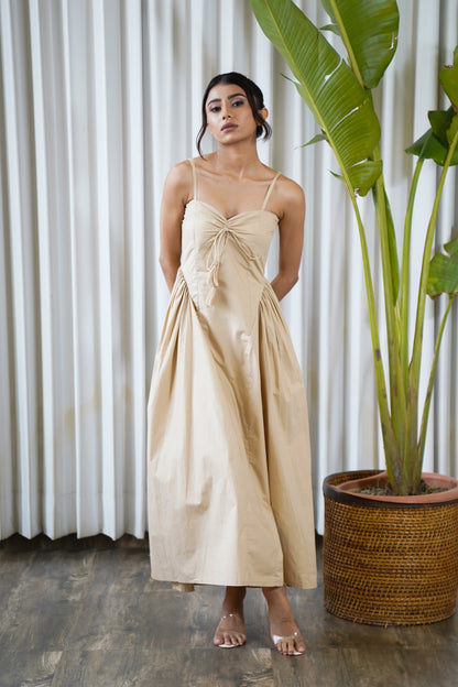 Beige side princess pleats strappy maxi dress