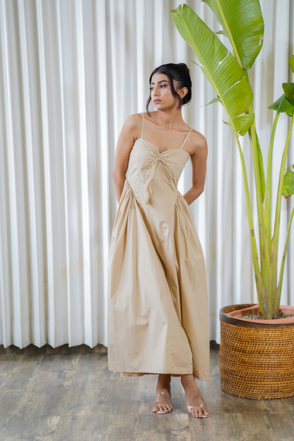 Beige side princess pleats strappy maxi dress