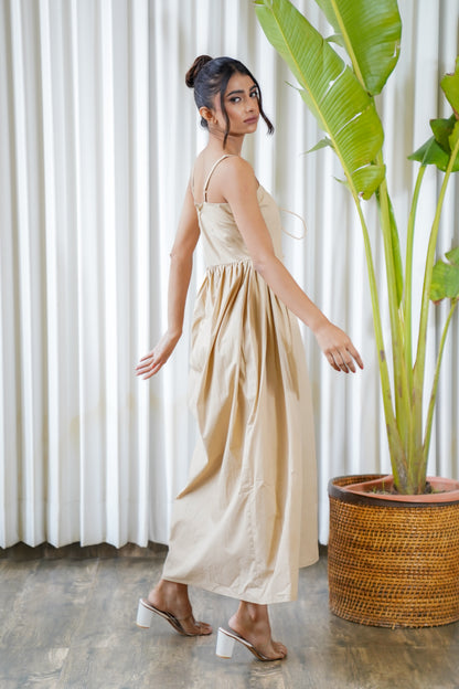 Beige side princess pleats strappy maxi dress