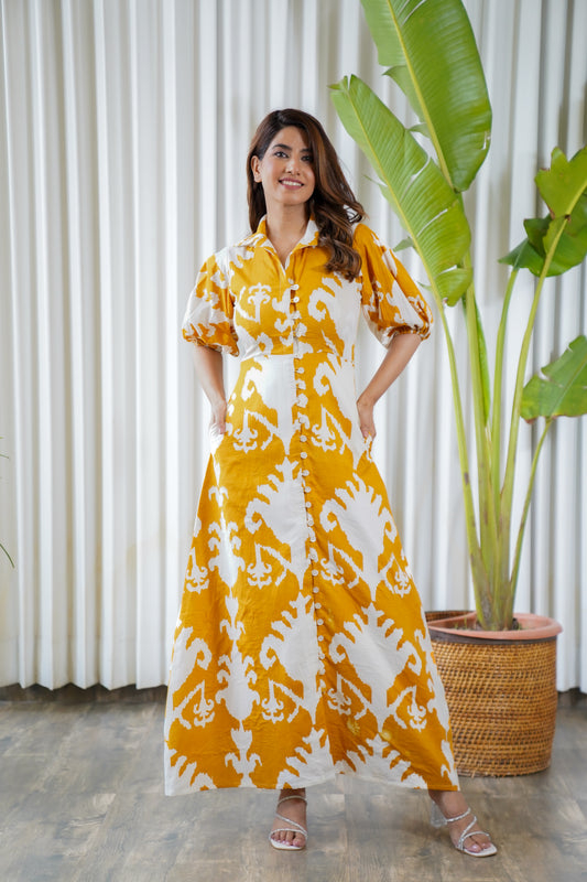 Yellow printed front buttoned A-line maxi dress