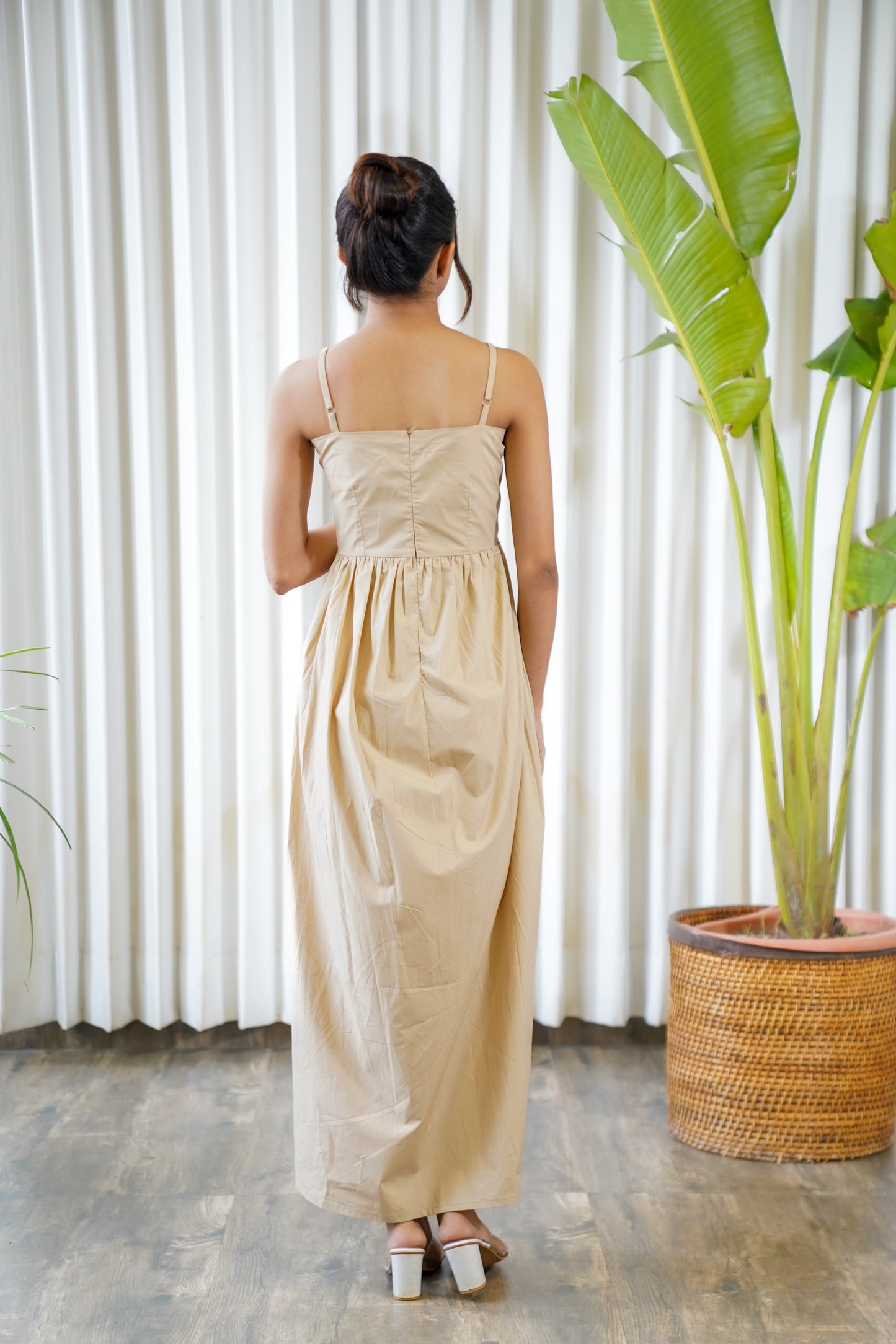 Beige side princess pleats strappy maxi dress