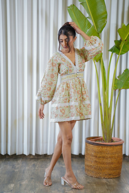 Autumn flower print chanderi buttoned shift dress