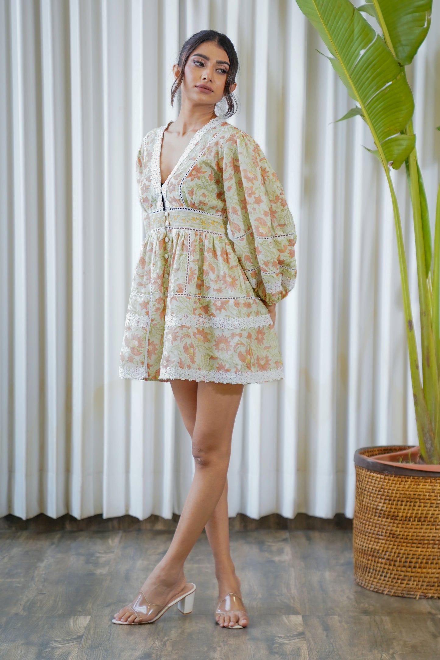 Autumn flower print chanderi buttoned shift dress