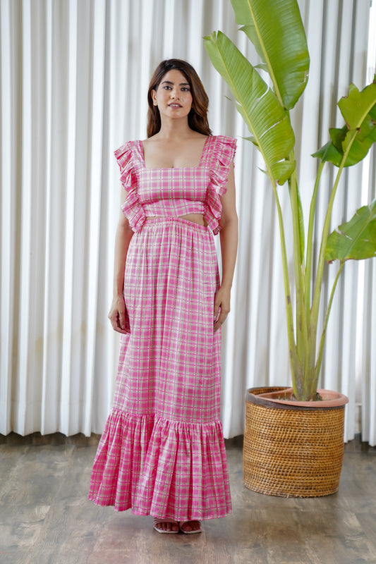 Satin pink checkerred princess ruffle maxi dress