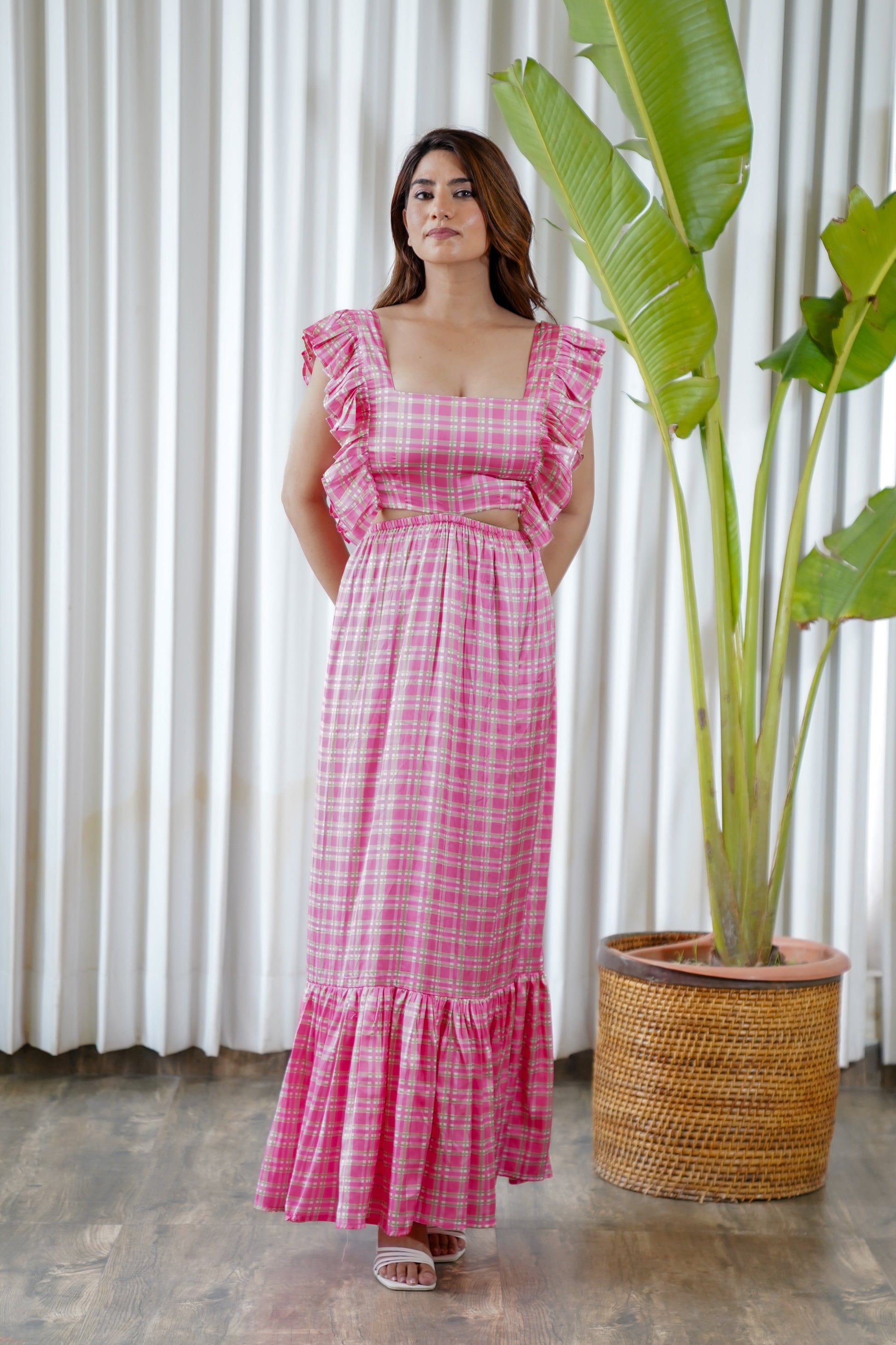 pink checkered maxi dress SHEIN MOD Blush Pink Gingham Maxi Dress,Summer Curve A-Line Back Tie Checkered Dress,Vintage Tea Party,Picnic,Formal,Prom, Valentines Day Outfit Women