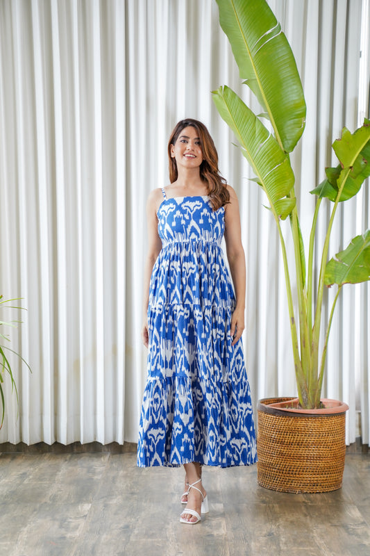 Blue printed strappy maxi dress