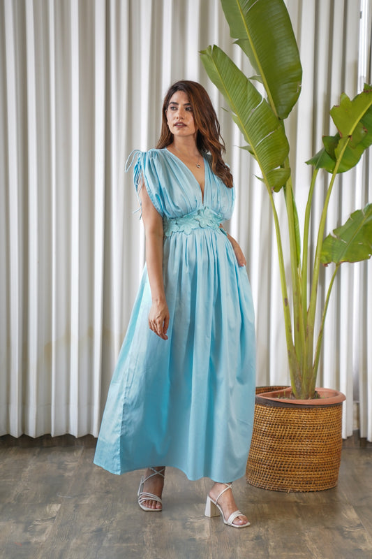 Shoulder runch blue maxi with flower embroidery on waist maxi dress