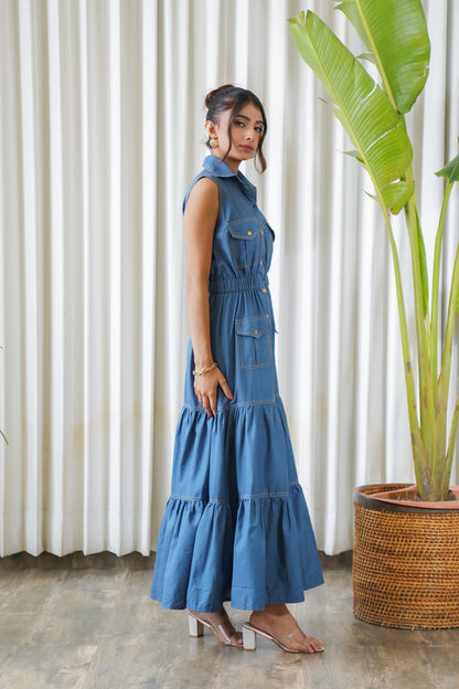 Sleeveless blue collared tier shirt maxi dress
