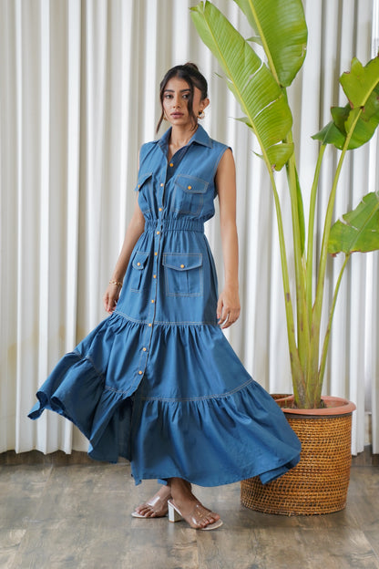 Sleeveless blue collared tier shirt maxi dress