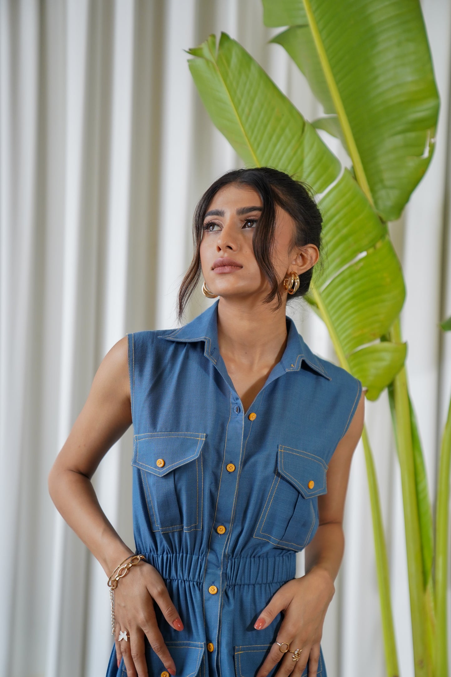 Sleeveless blue collared tier shirt maxi dress