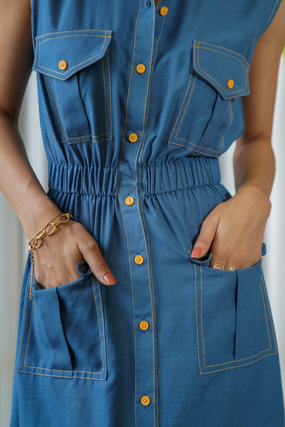 Sleeveless blue collared tier shirt maxi dress