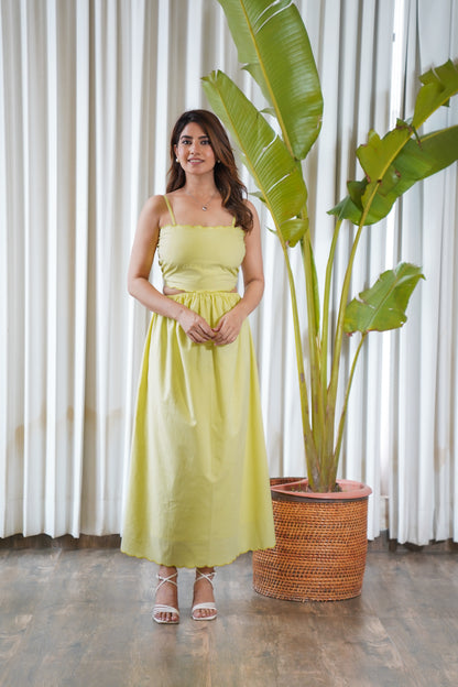 Scalloped neck side waist cut-out yellow maxi dress