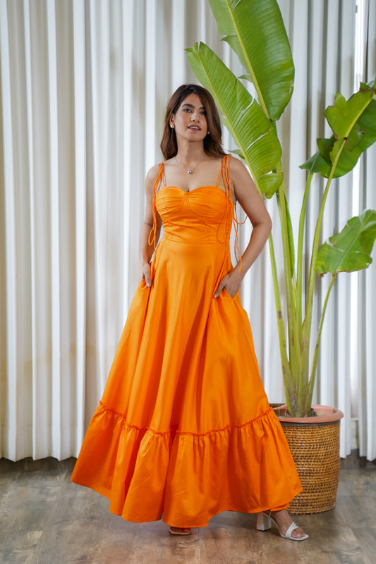 Shoulder tie-knot orange flarred maxi dress