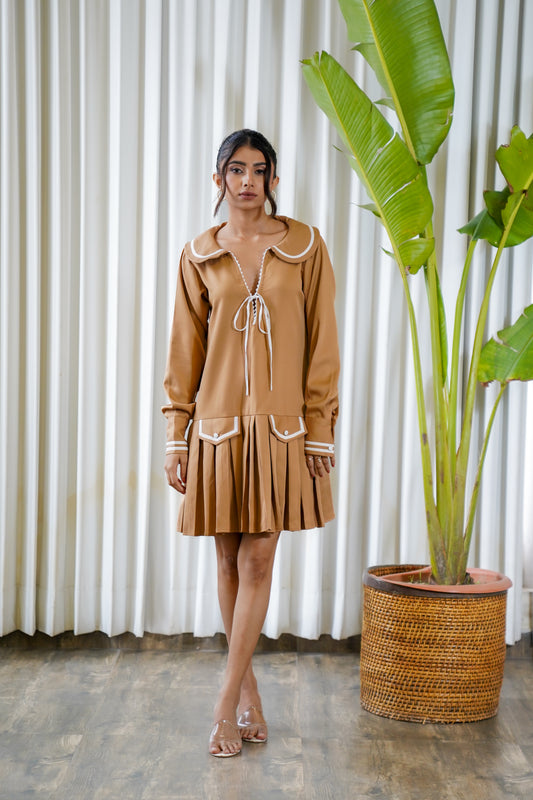 Pleated hem full sleeves collared neck brown dress