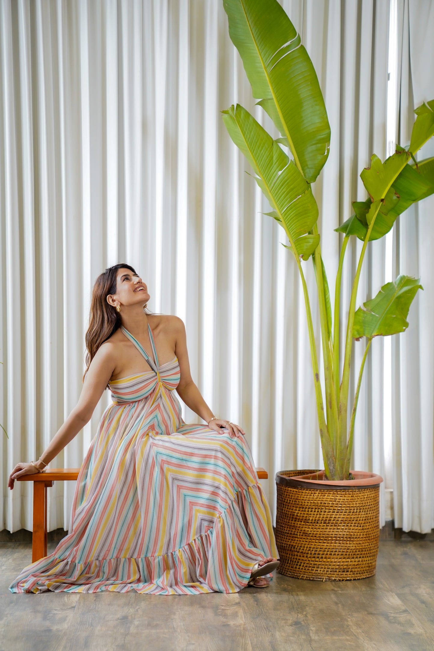 Multi-color stripped printed halter neck maxi dress