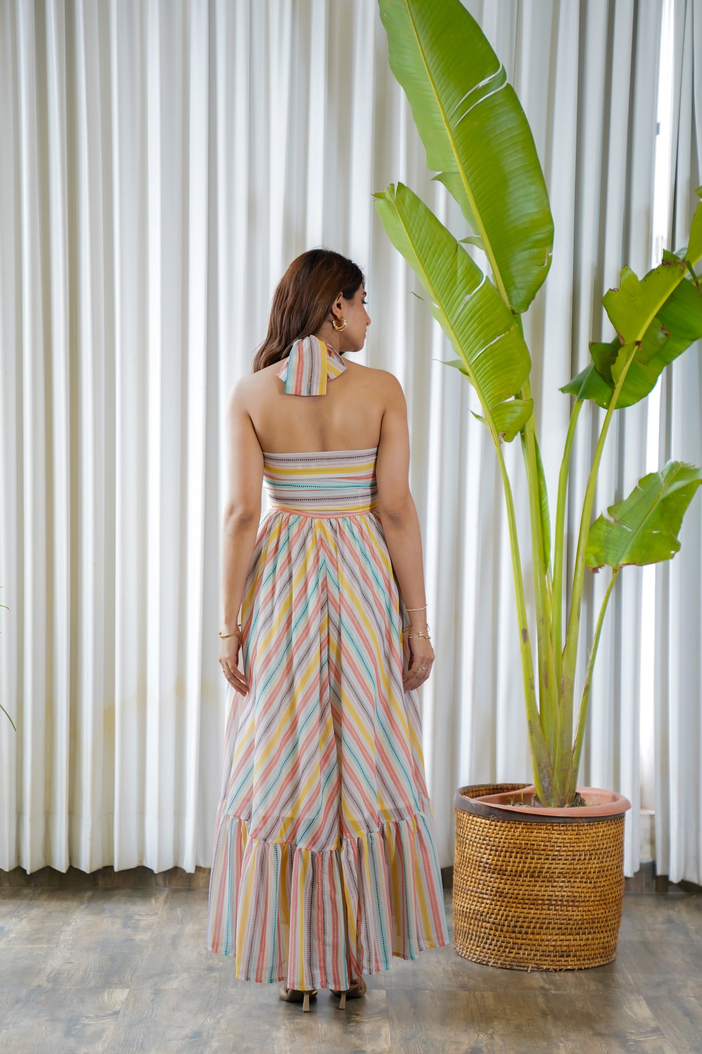 Multi-color stripped printed halter neck maxi dress