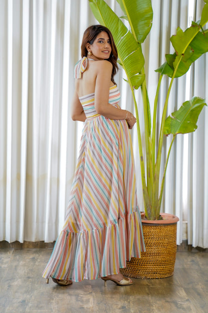 Multi-color stripped printed halter neck maxi dress