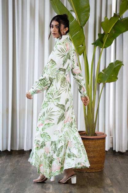 Full sleeve flamingo print belted shirt style maxi