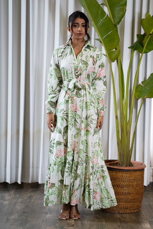 Full sleeve flamingo print belted shirt style maxi