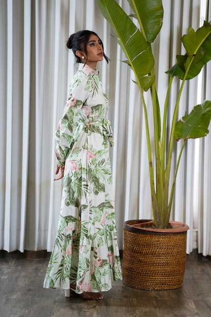 Full sleeve flamingo print belted shirt style maxi