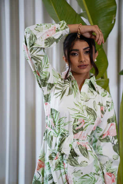 Full sleeve flamingo print belted shirt style maxi