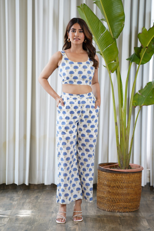 Lotus print pants with cropped top co-ord set